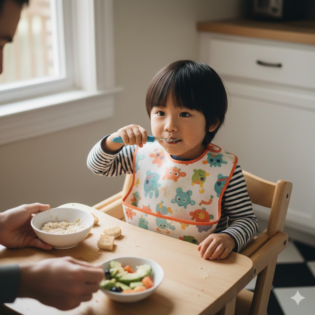 朝ご飯を食べる男の子の写真