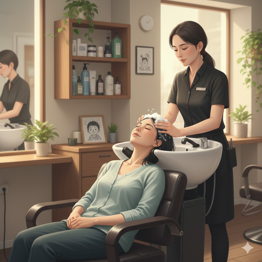 美容院で癒されるママのイメージ