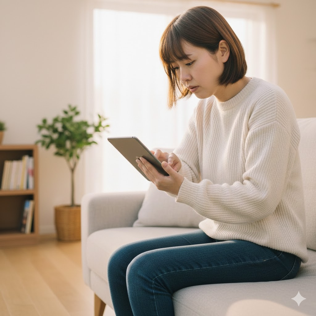 自宅で連絡帳をタブレットで確認する保護者