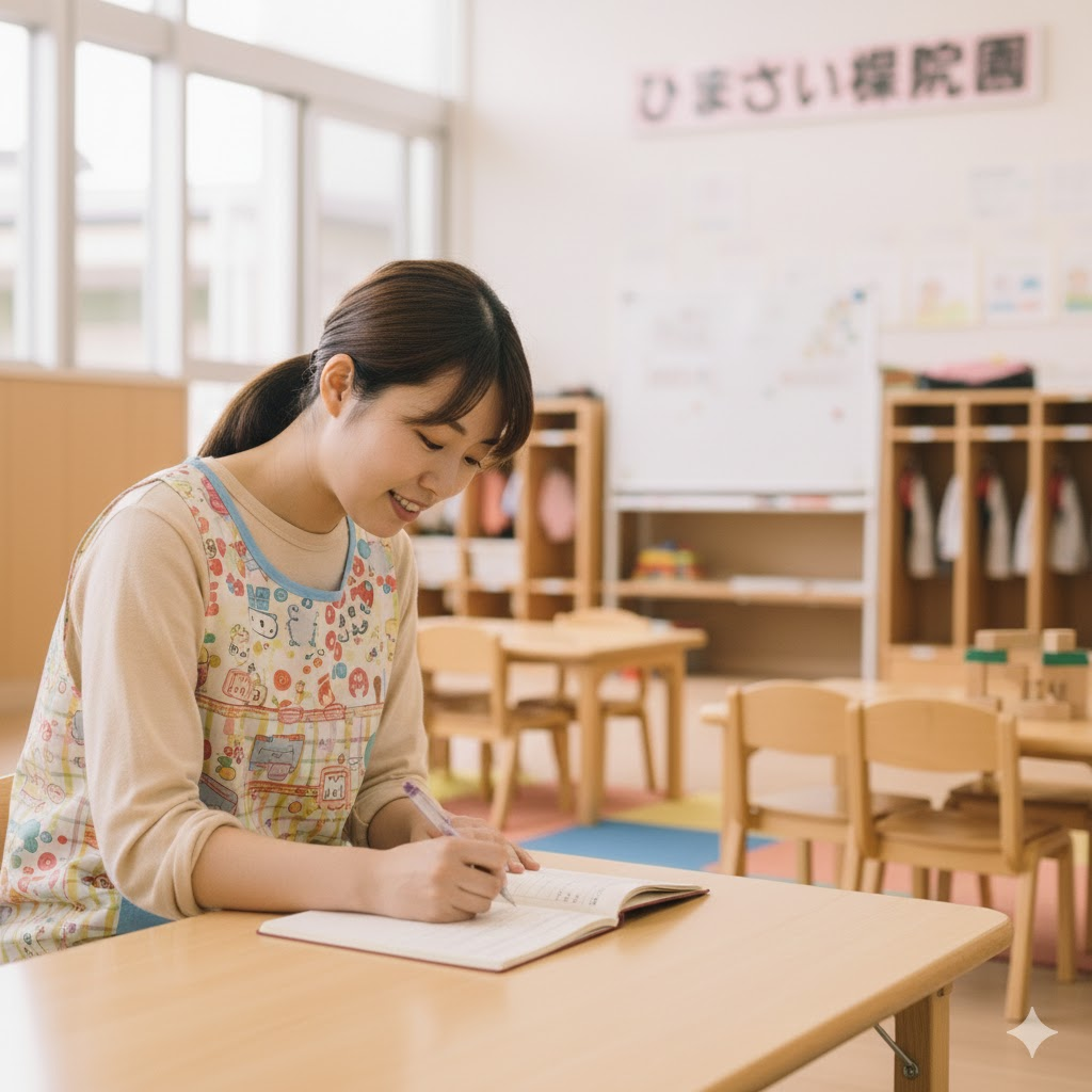 保育園で連絡帳を記入する保育士のイメージ