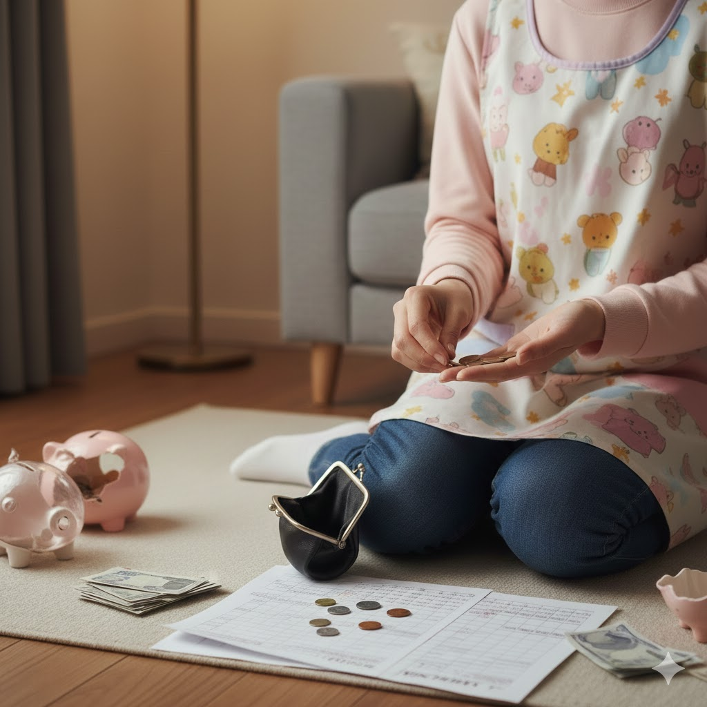 お金を確認する保育士