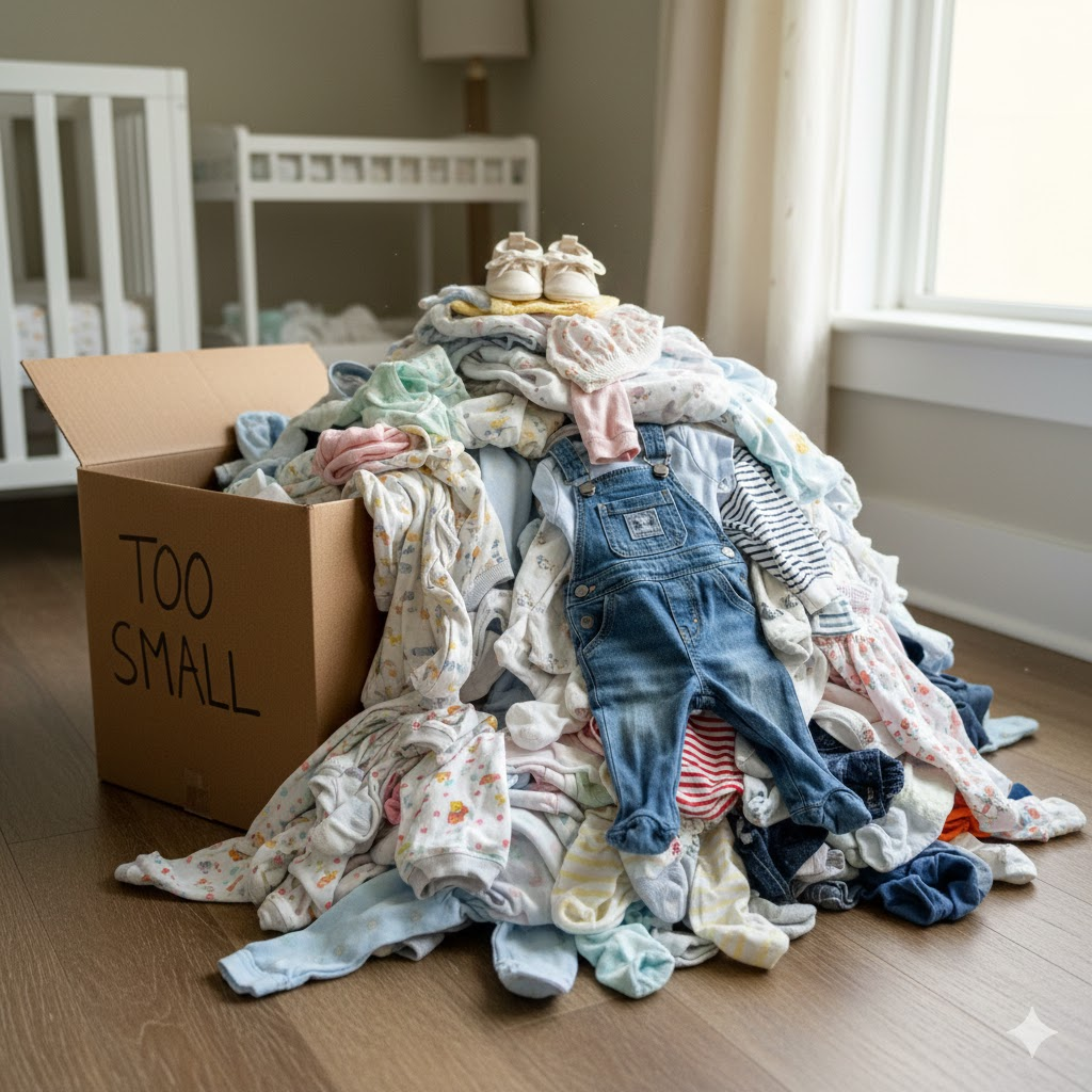 サイズアウトした服の山のイメージ