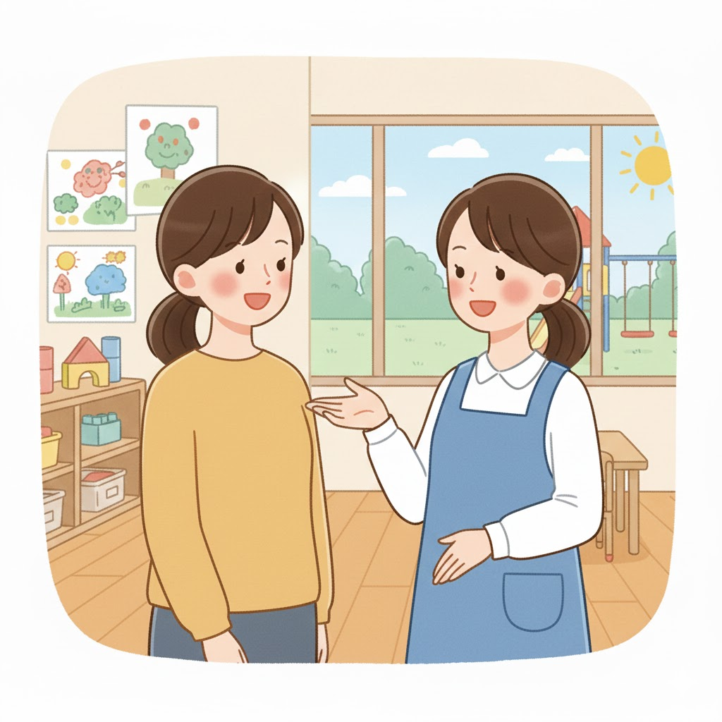 にこやかに会話する保護者と保育士のイメージ