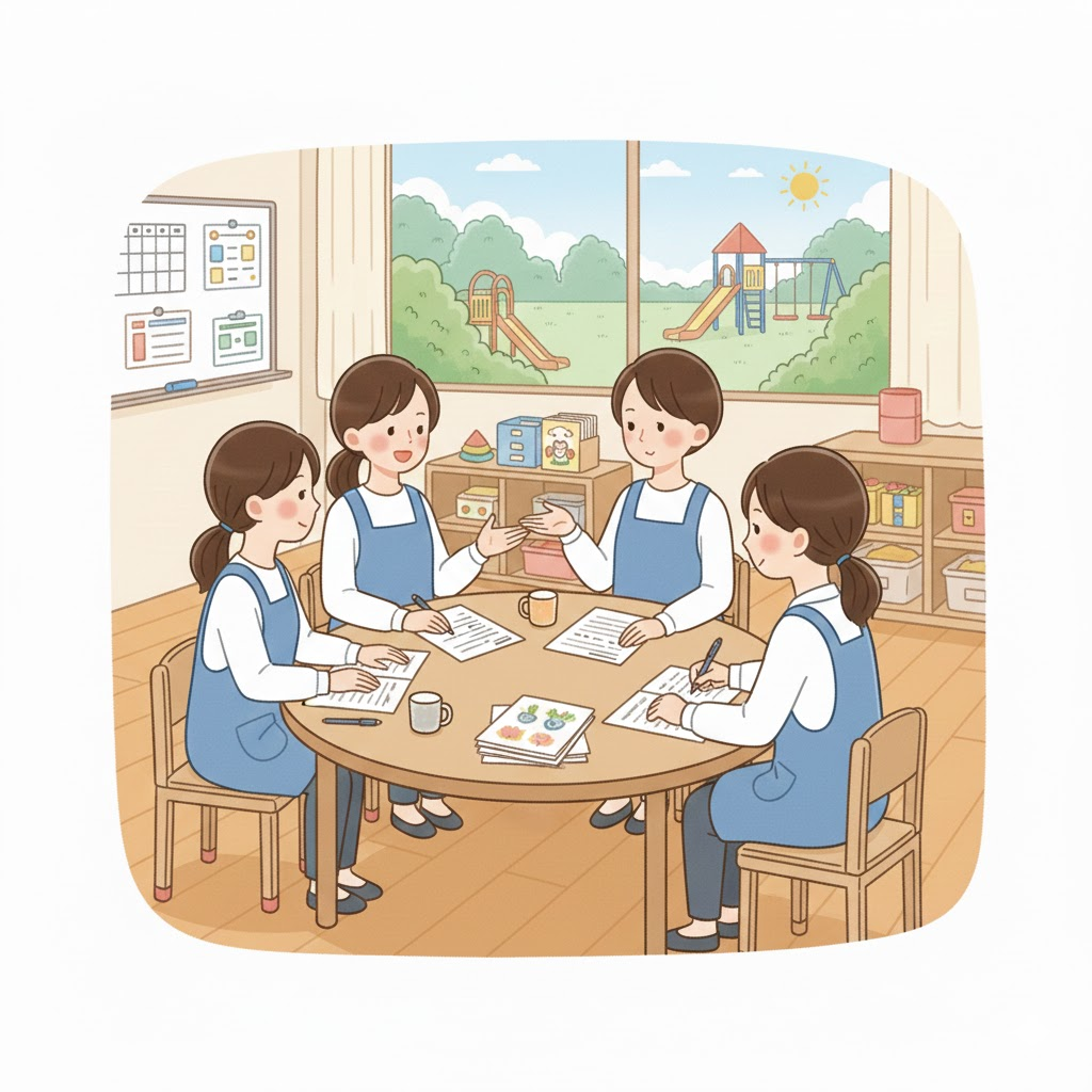保育士同士で情報共有するイメージ