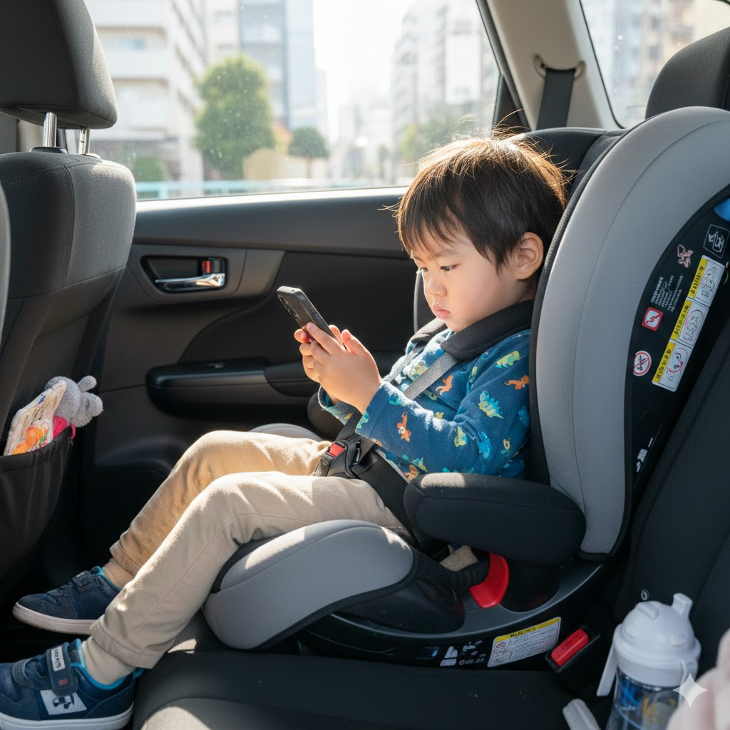 後部座席でスマホを触る子どもの画像